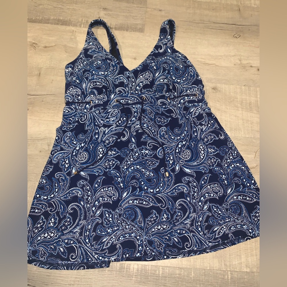 Lands' End Navy & White Paisley One-Piece Swimdress